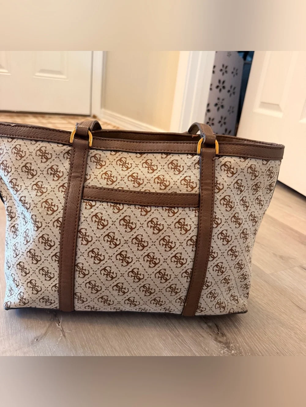Guess Vintage Monogram Tote Bag - Brown Canvas